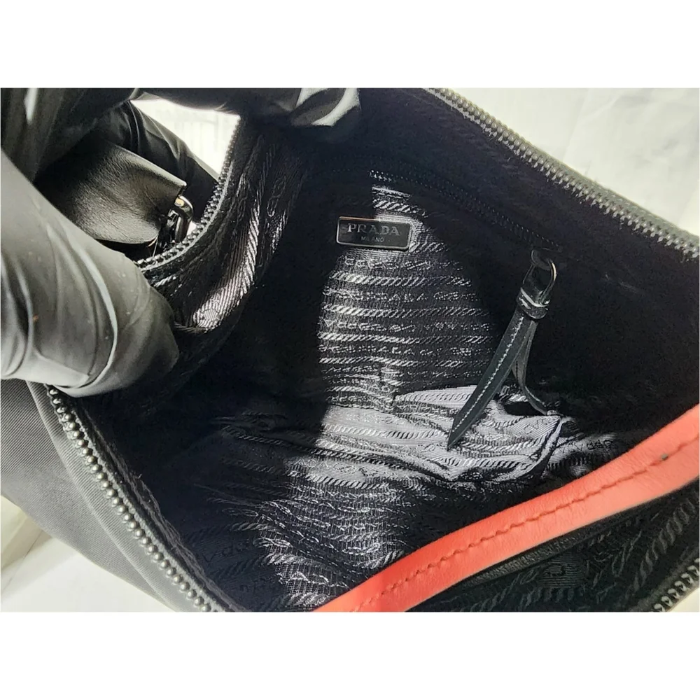 PRADA Tessuto Nylon Studded New Vela Hobo Bag Black